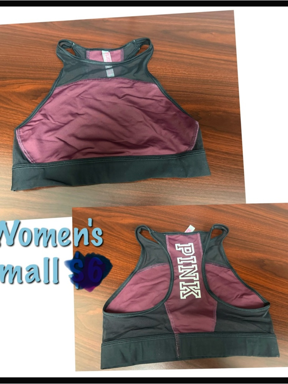 PINK Victoria's Secret Black & Burgundy High-Neck Sports Bra
